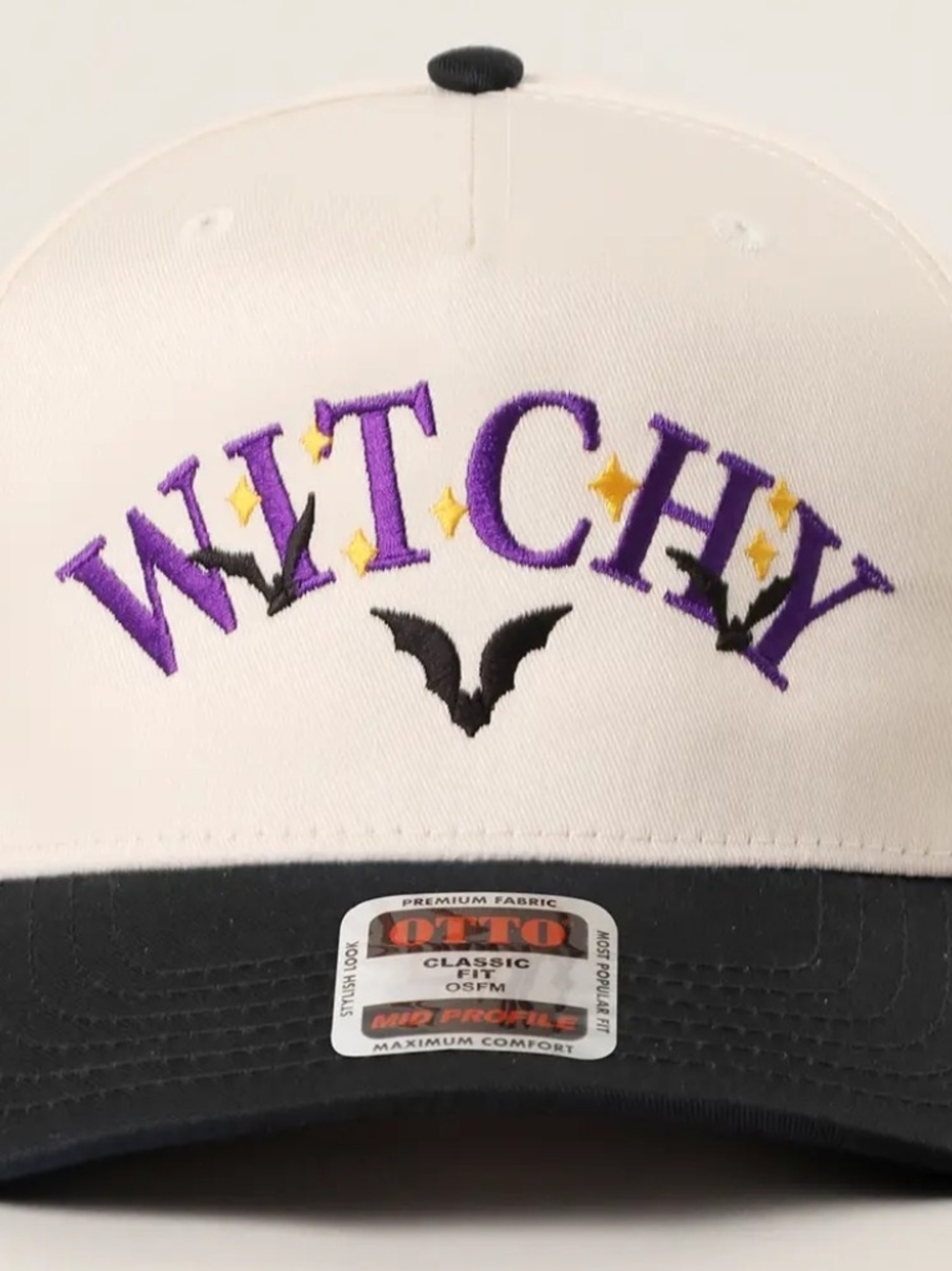 Witchy Embroidered Baseball Cap in White and Black